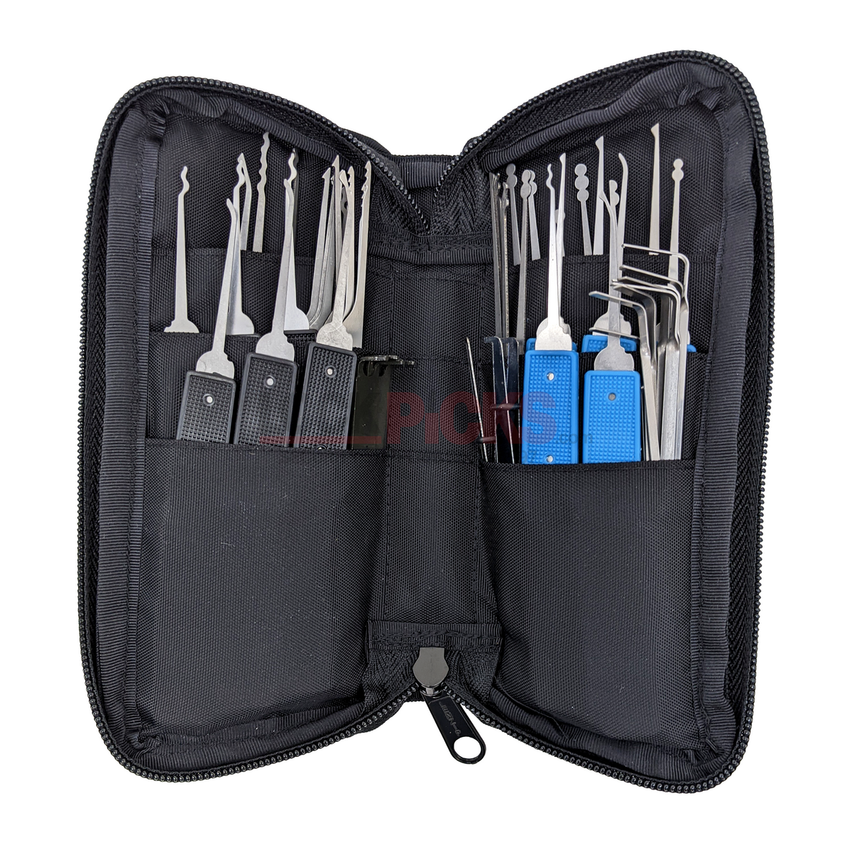 Black tool case with various tools including blue and silver lock picks on a white background