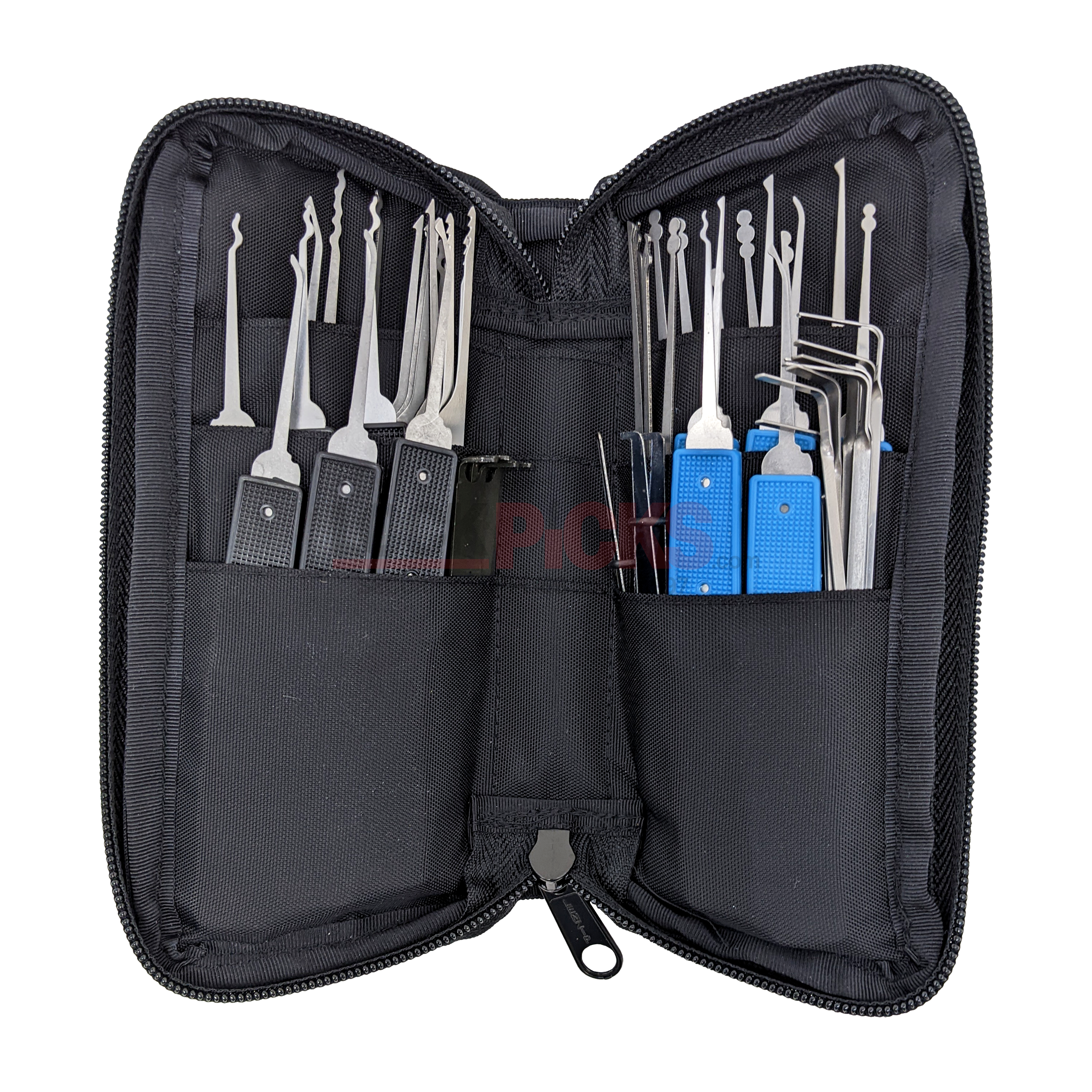 Black tool case with various tools including blue and silver lock picks on a white background