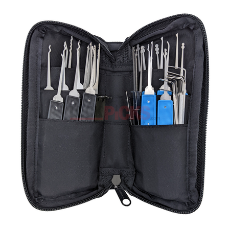 Black tool case with various tools including blue and silver lock picks on a white background