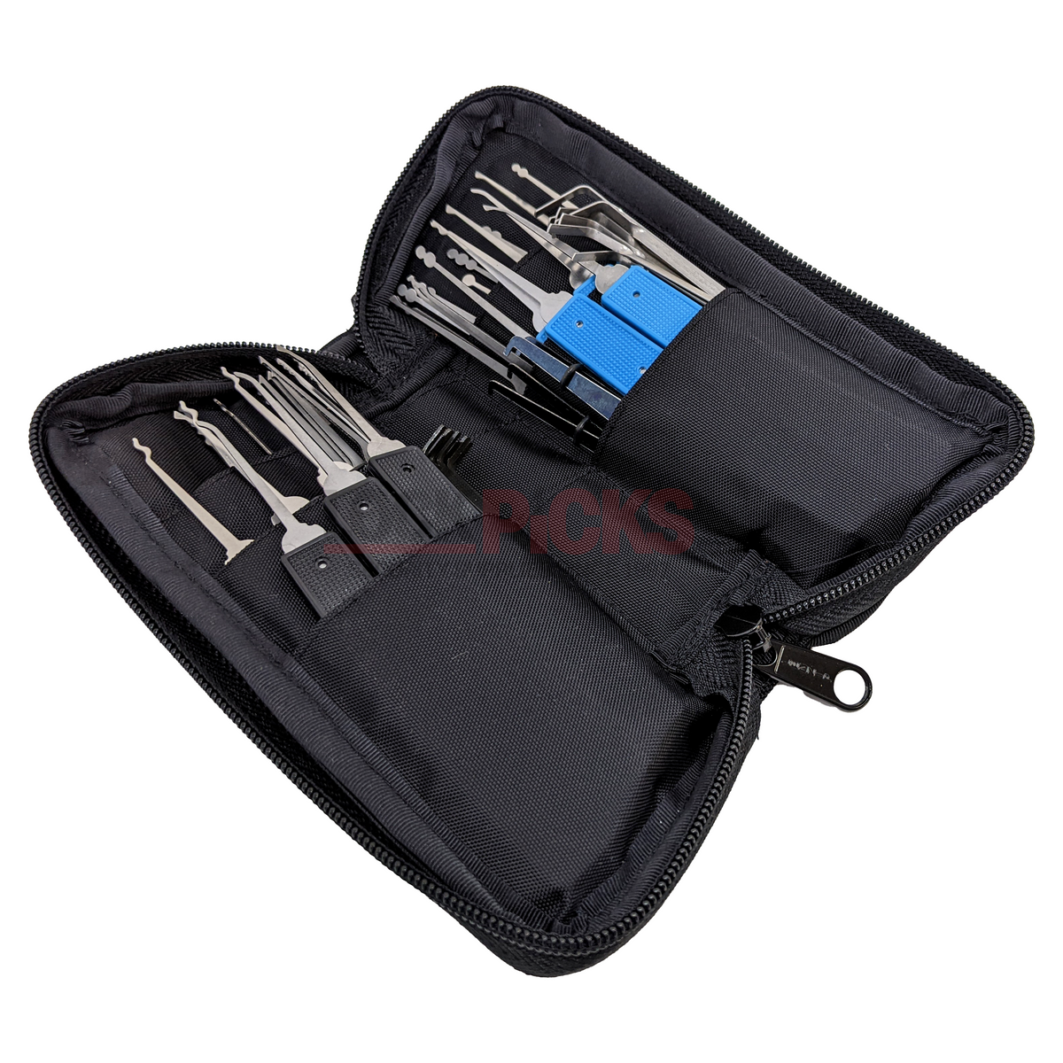 Black tool case with various lock picks and tools inside on a white background