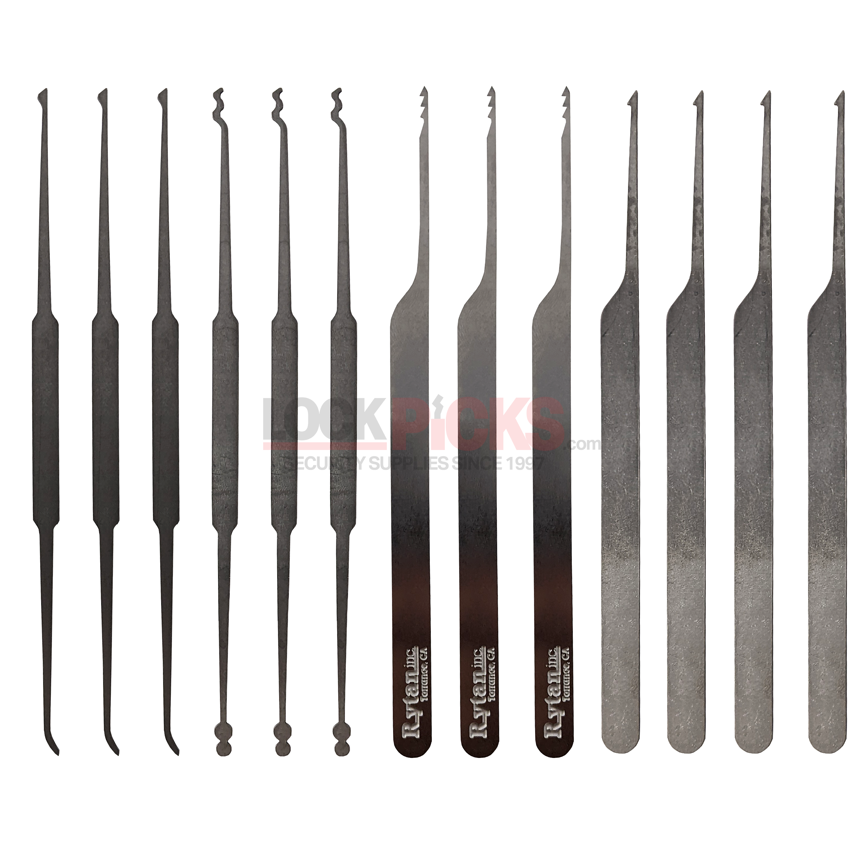 Set of lockpicks with key extractors on a white background