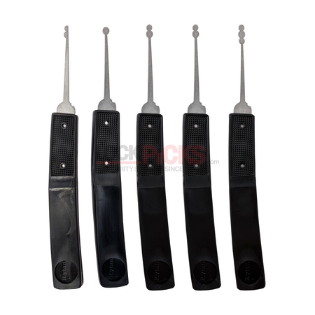 Five black lock picks on a white background