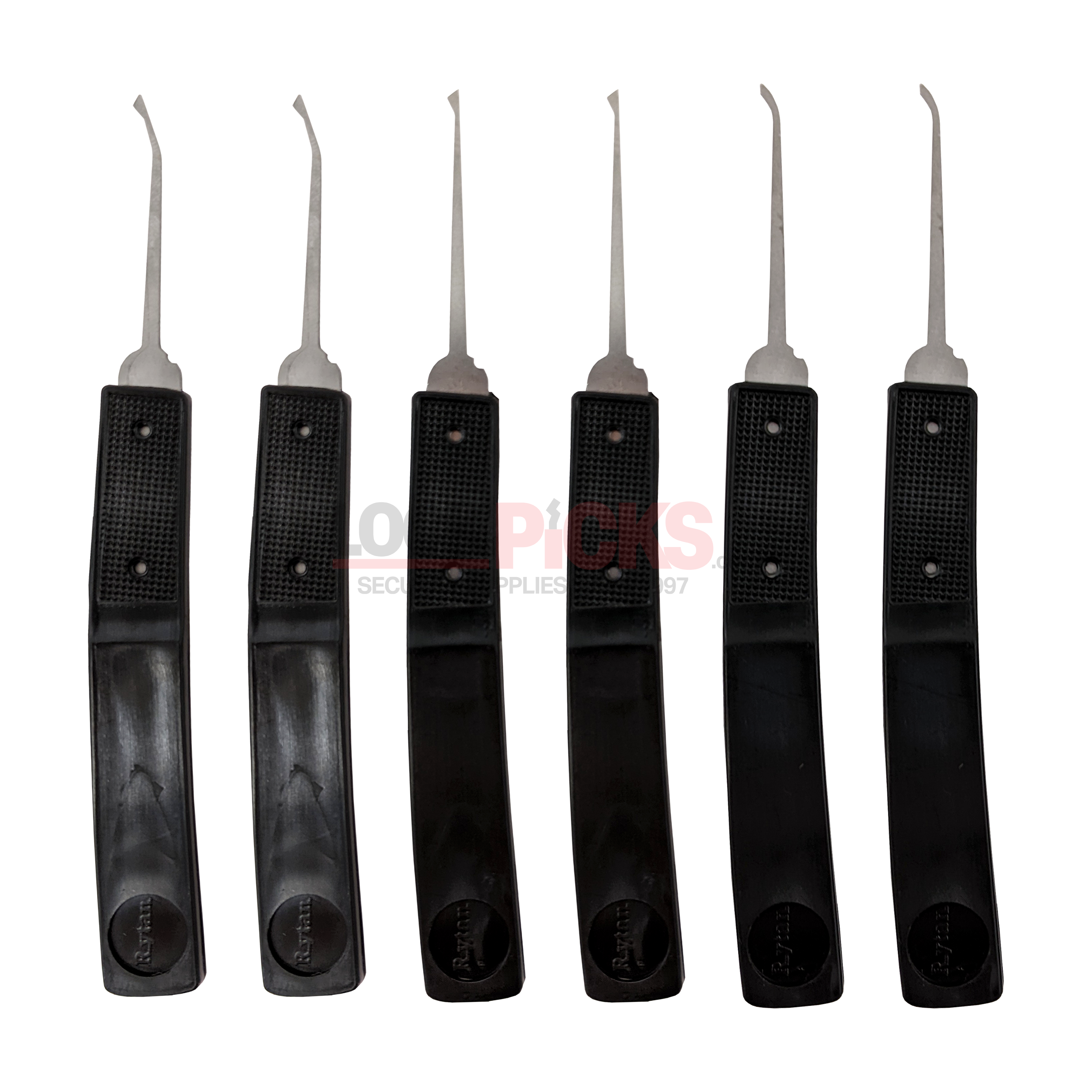 Set of six black lock pick tools on a white background