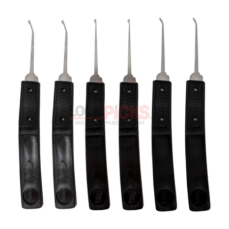 Set of six black lock pick tools on a white background