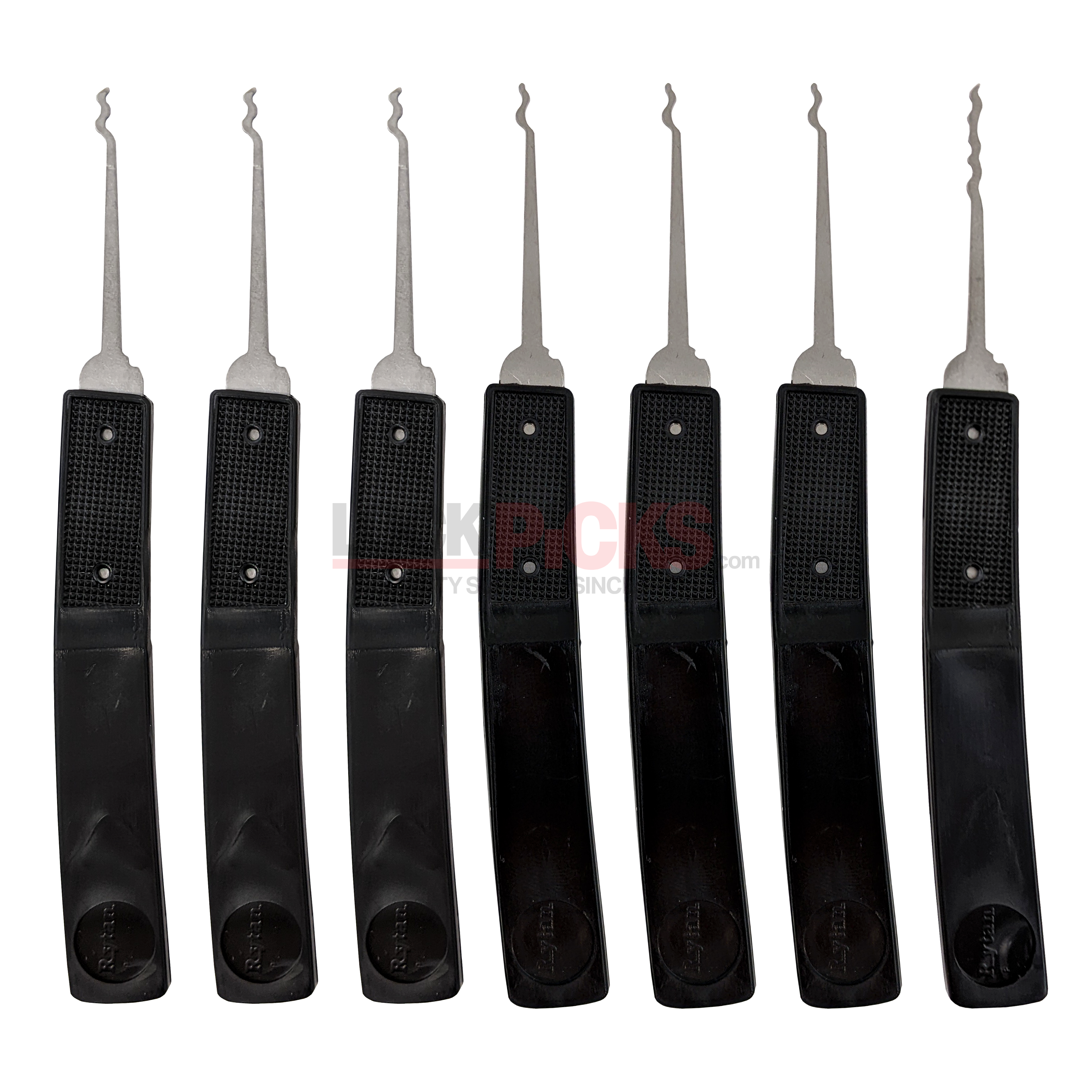 Set of seven black lock pick tools with sturdy handles on a white background.