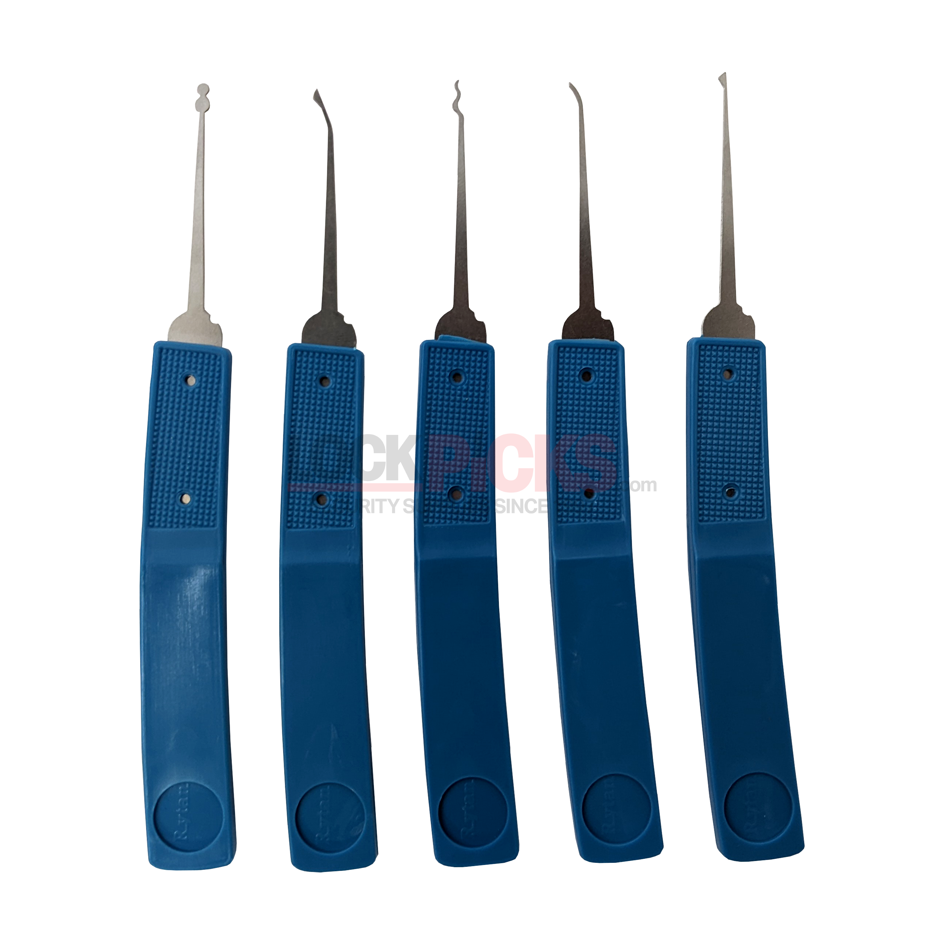 Five blue lock-picking tools with different shaped heads on a white background