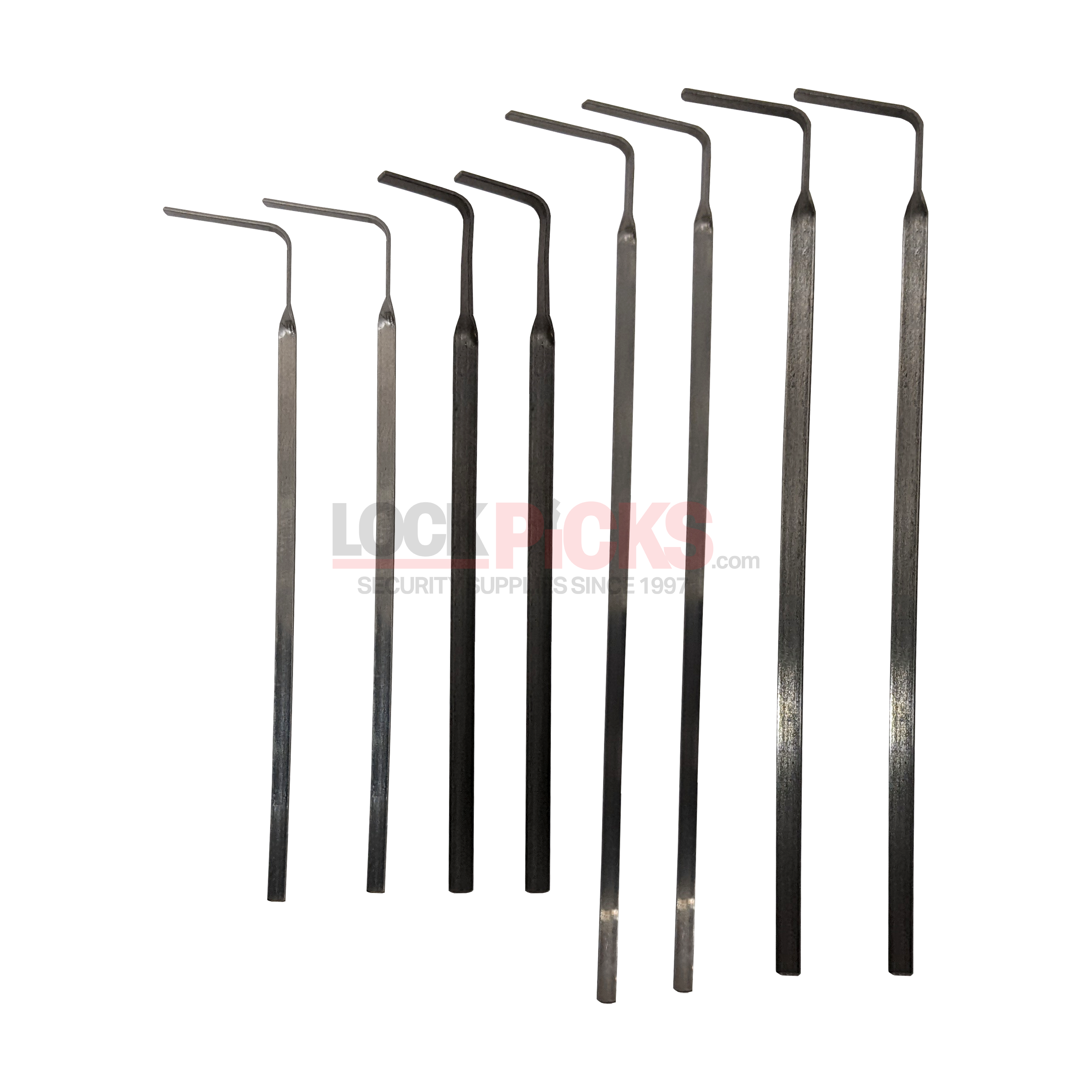 Set of lock picking tools (tension tools) on a white background.