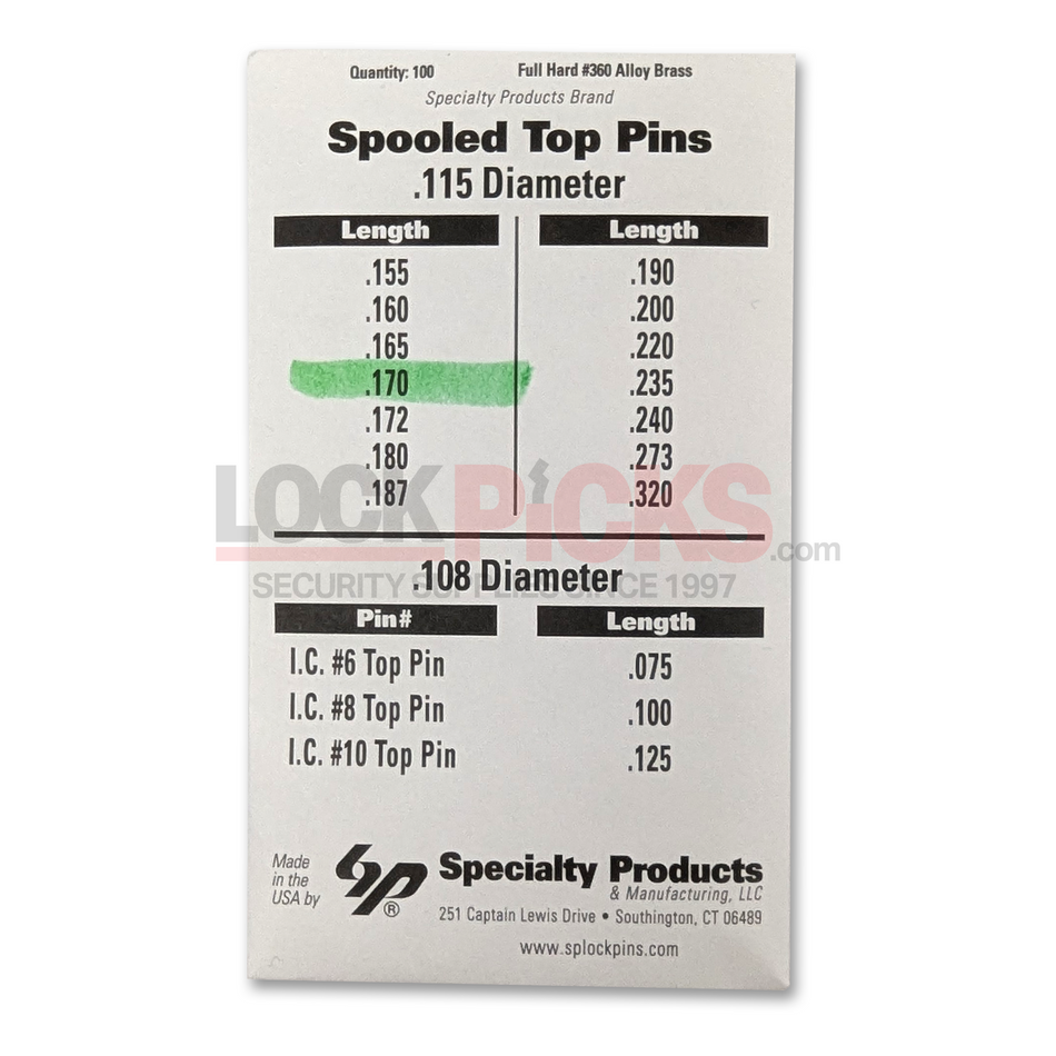 Spool Security Pin .170" Length, Anti-Pick Design for Standard Locks