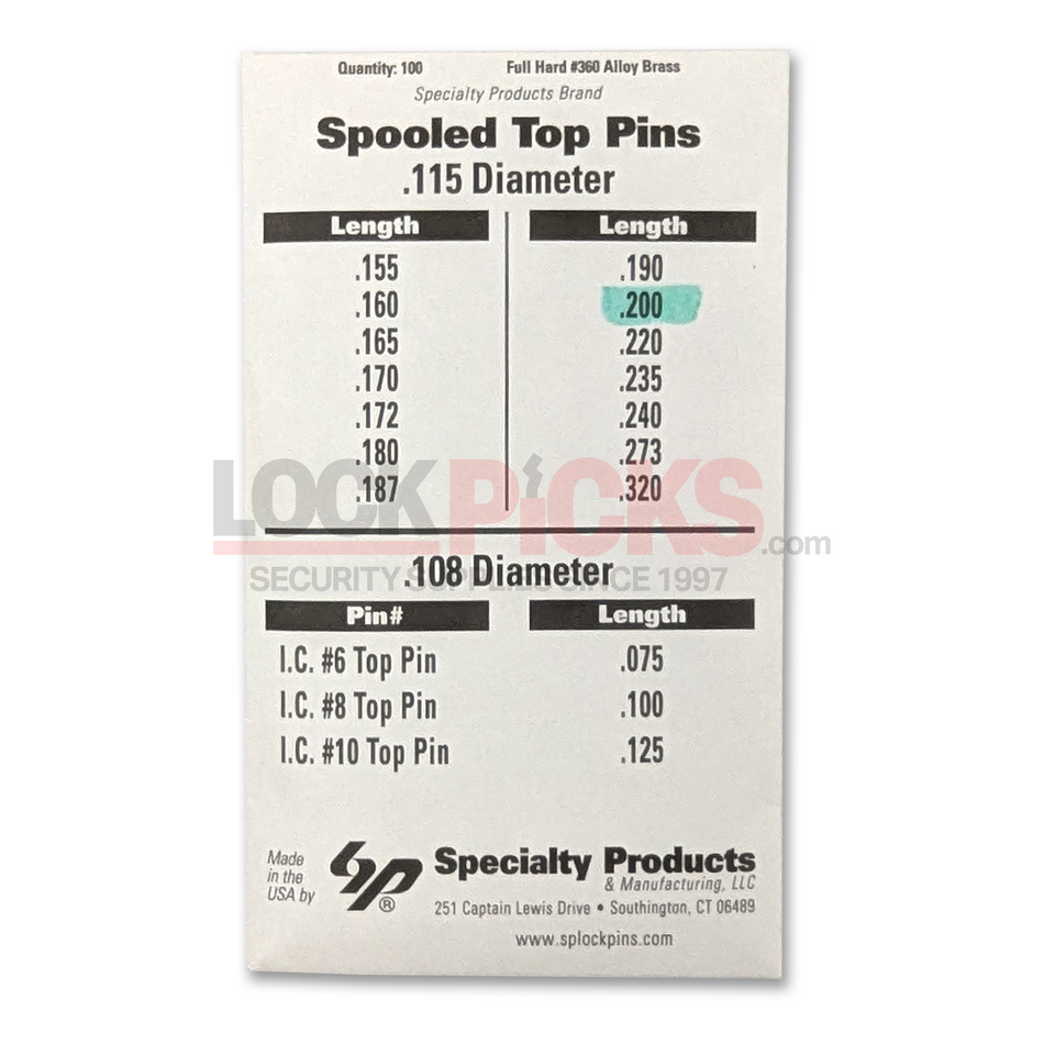 Spool Security Pin .200" Length, Anti-Pick Design for Standard Locks